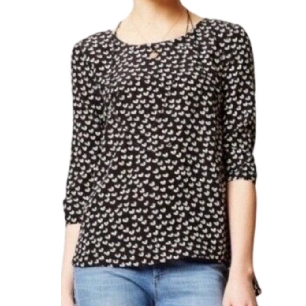 Maeve Anthropologie Heart Black White Half Sleeve Back Zip 100% Silk Blouse sz S